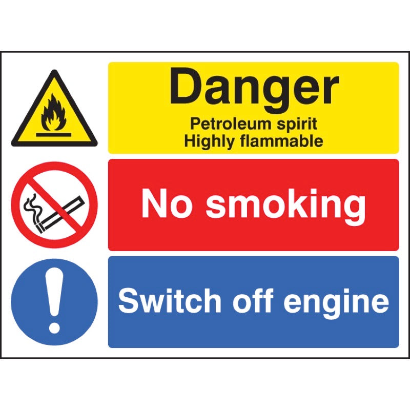 Petroleum spirit/no smoking/switch off engine