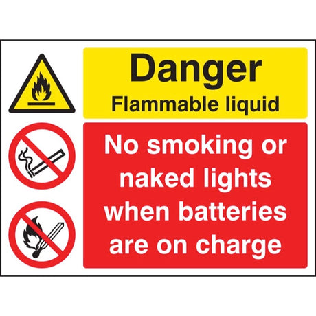 Flammable liquid no smoking/naked lights batteries on charge