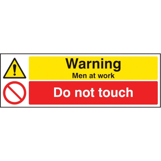 Warning men at work do not touch