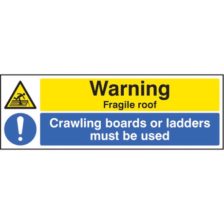 Warning fragile roof crawling boards or ladders must be used