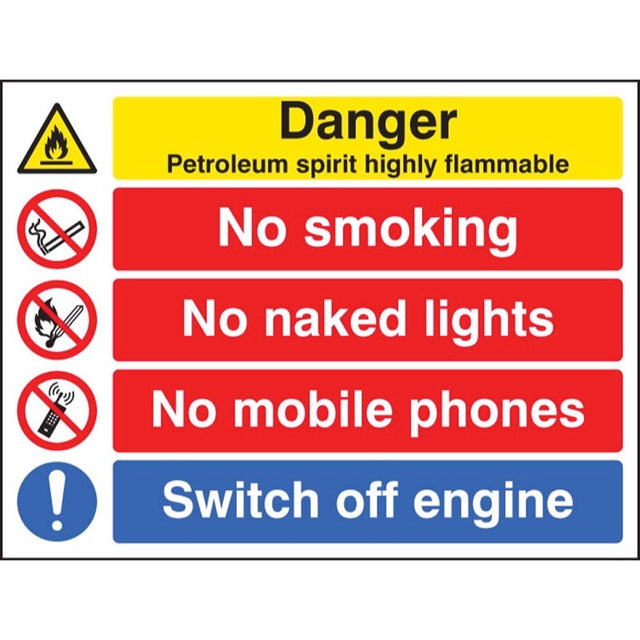 Petroleum spirit highly flammable/no smoking etc