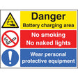 Battery charging area, wear PPE, no smoking, no naked lights