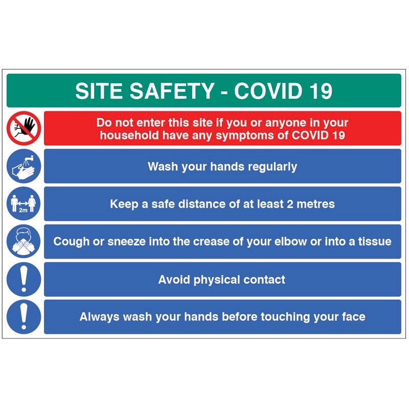 Site Safety COVID19  - wash hands, 2metre policy, use tissues, avoid physical contact, wash before touching face