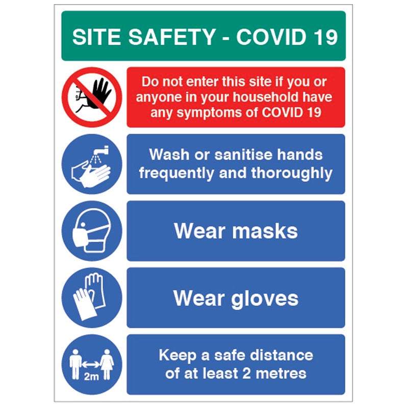 Site Safety COVID19 - wash hands, wear masks, wear gloves, 2 metre policy